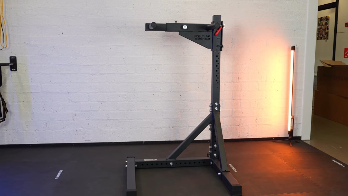 Front view of the king of weighted adjustable dip station standing fully assembled in a gym.