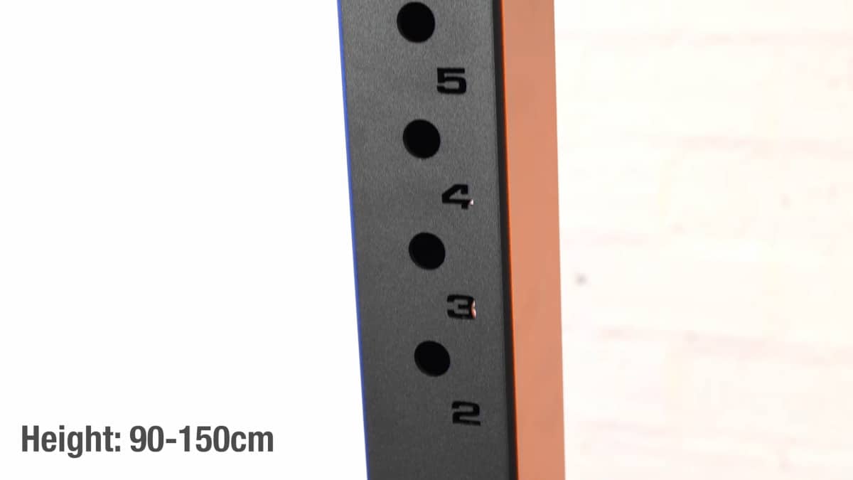 Detail on the king of weighted adjustable dip station vertical post, with numbered holes for the safety pin.