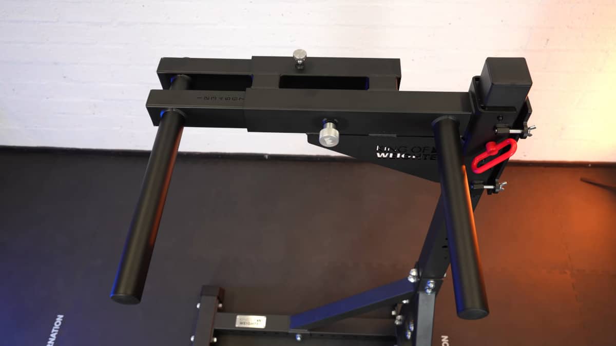 Top view of the king of weighted adjustable dip station with the captive bolt and safety pin visible.