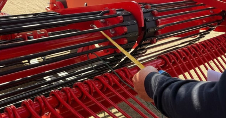 Técnico midiendo el paso y ancho de una cinta de varillas en una arrancadora de patata de color rojo