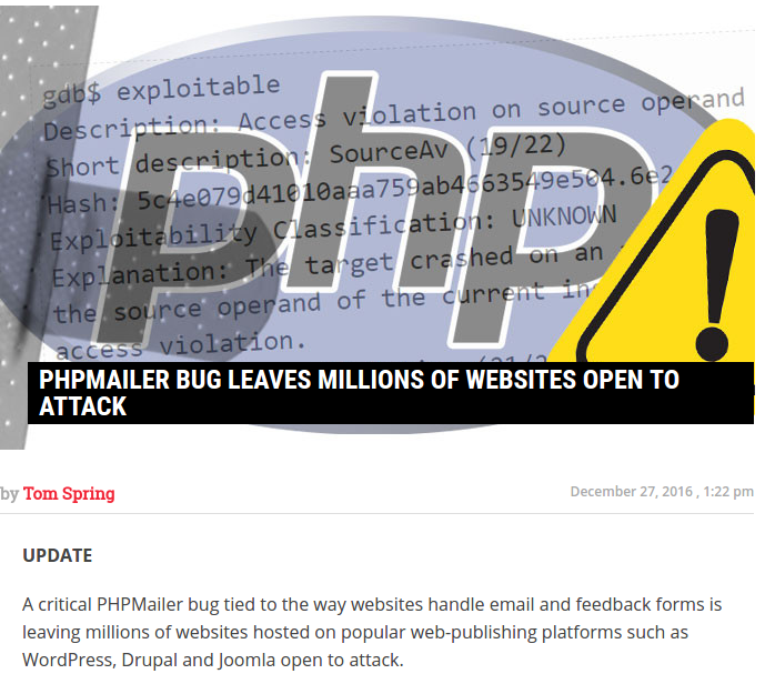 Patched: PHPMailer exploit in WordPress