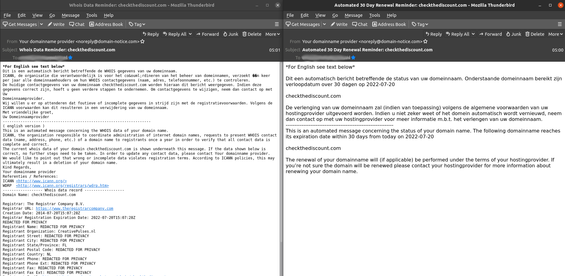 Automated 30 Day Renewal Reminder en Whois Data Reminder emails