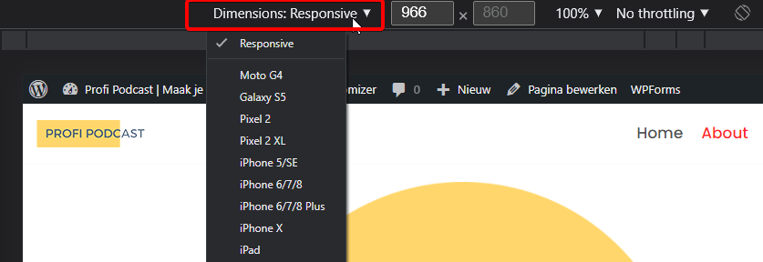 Schermafbeelding van Developer Tools. Zie hoe je wijzigingen afgebeeld worden op verschillende schermformaten