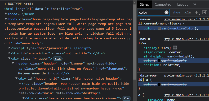 Screenshot of Developer Tools to examine the HTML and CSS code