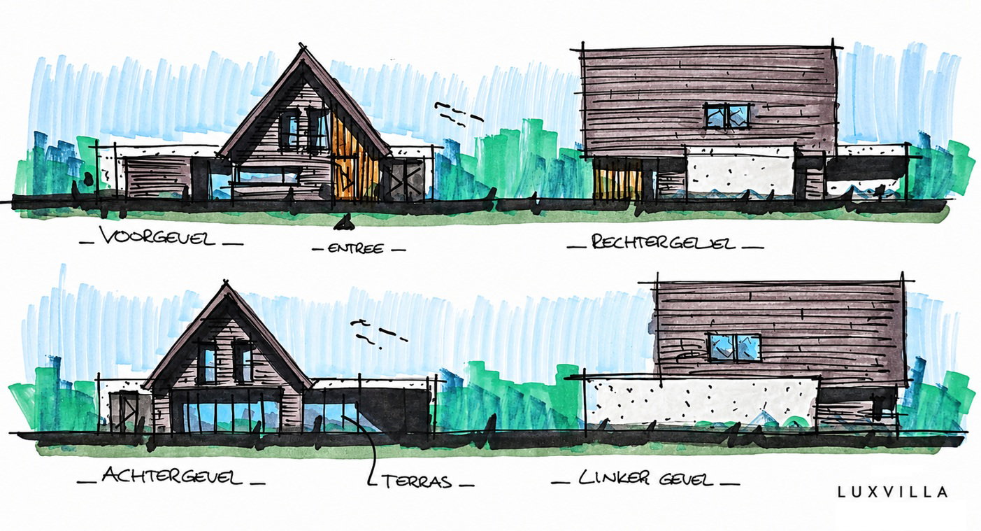 Architectonische schetspresentatie van een moderne schuurwoning met voorgevel, entree, achtergevel, terras, rechtergevel en linker gevel, uitgevoerd in handgetekende stijl met het LUXVILLA-logo rechtsonder.