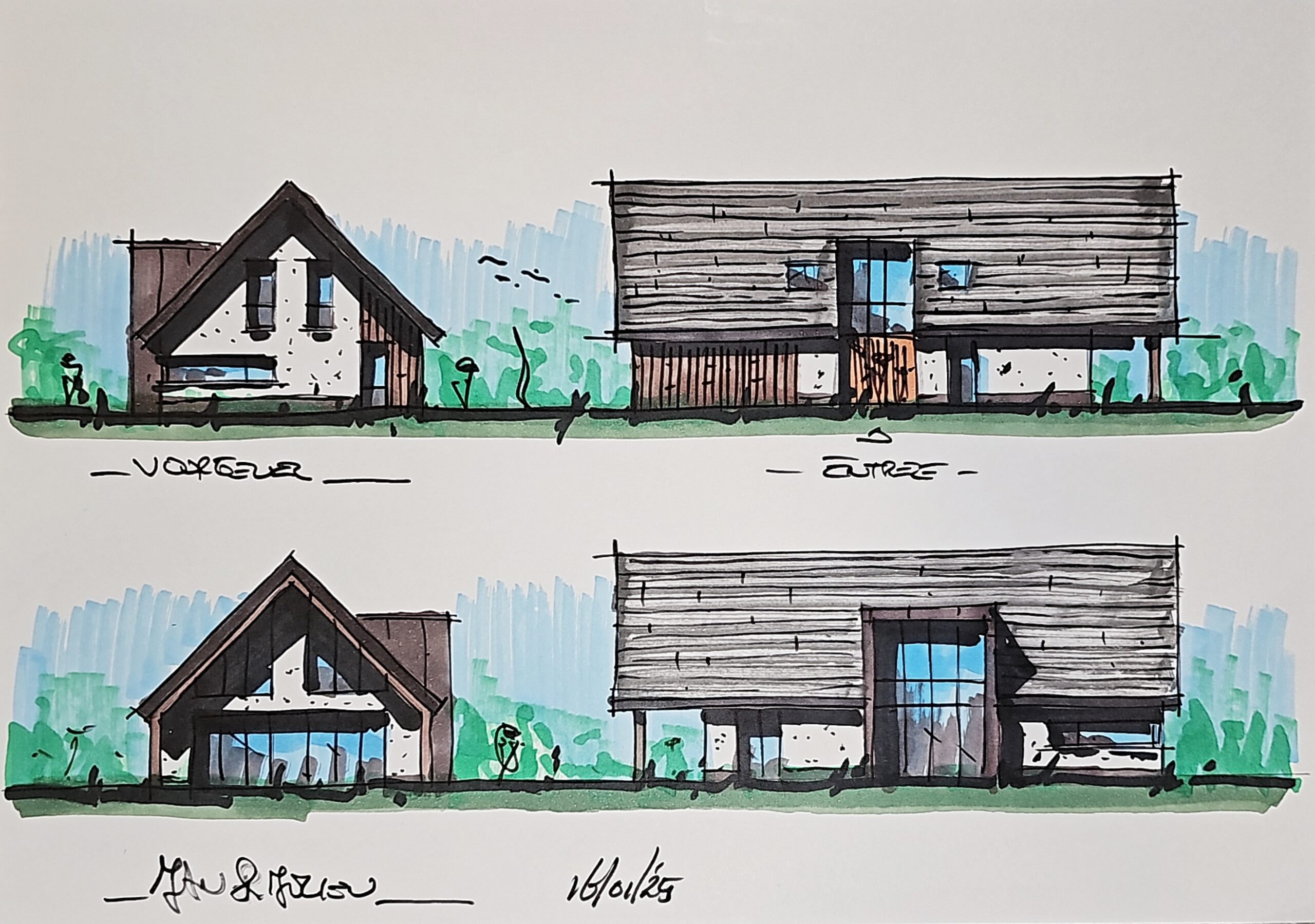 Eerste schetsontwerp van een schuurwoning met rieten kap in Hof fan Lemmer, door LUXVILLA, met voor- en zijaanzicht in handgetekende stijl.