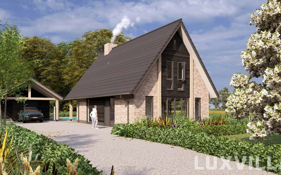 Vooraanzicht van Schuurwoning Bramel 02, een moderne schuurwoning met een strakke houten gevel, grote raampartijen en een minimalistisch zadeldak, gelegen in een groene landelijke omgeving.