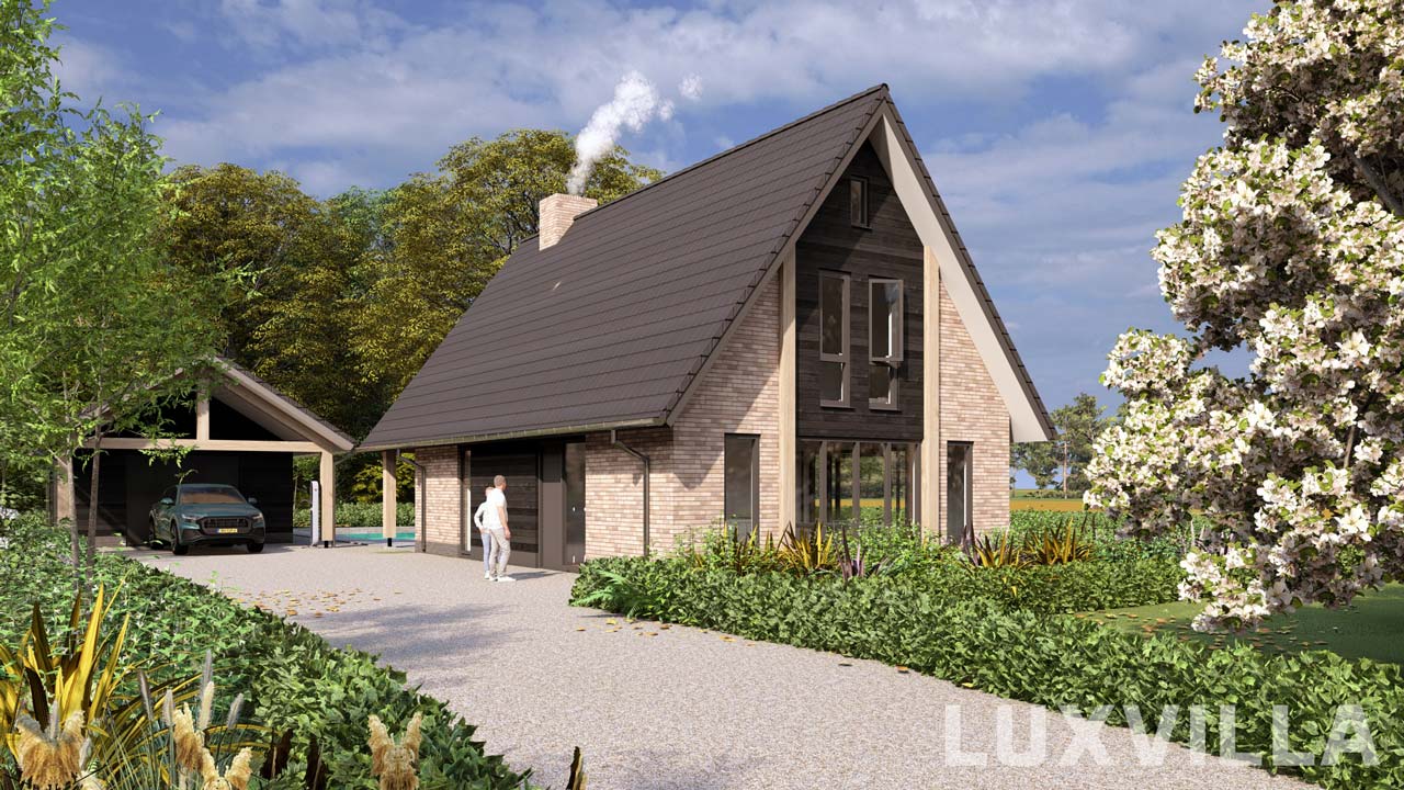 Vooraanzicht van Schuurwoning Bramel 02, een moderne schuurwoning met een strakke houten gevel, grote raampartijen en een minimalistisch zadeldak, gelegen in een groene landelijke omgeving.