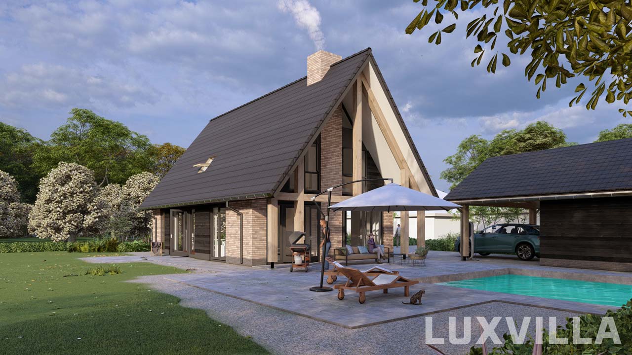 Achteraanzicht van Schuurwoning Bramel 02, een moderne schuurwoning met een strakke houten gebinten, grote raampartijen en een imposant zadeldak. bouwkavel woenen op de es nooitgedacht rolde 