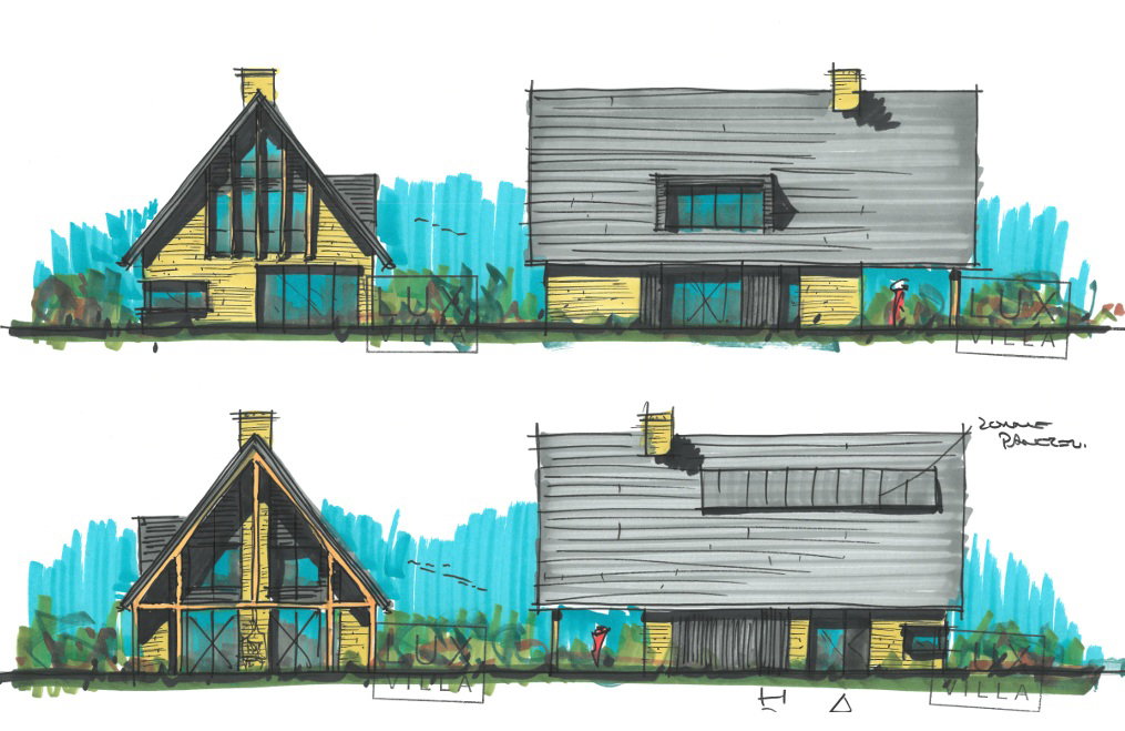Schetsontwerp van een schuurwoning in Hengelo Overijssel met gevelaanzichten, hoge kap, veranda, grote glaspartijen, lichte gevelmaterialen en donkere dakvlakken.