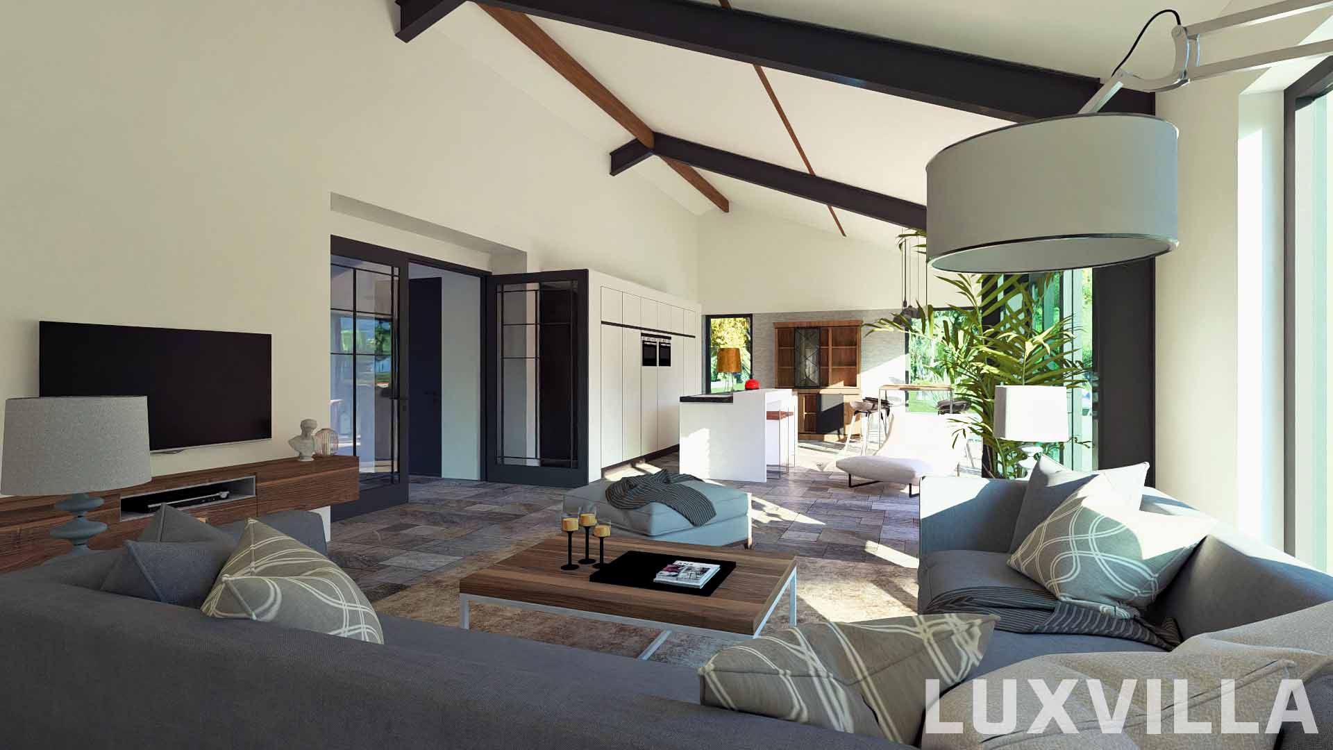 Modern interieur van een prefab woning ontworpen door Luxvilla