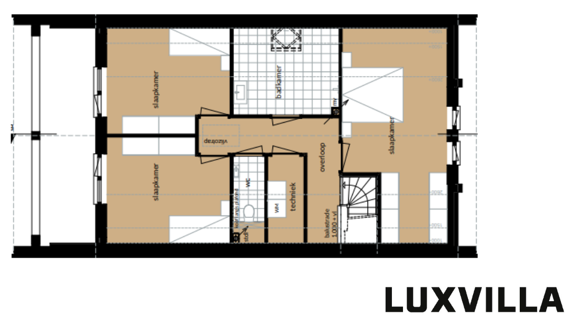 Plattegrond van de eerste verdieping van de schuurwoning aan de Kruisallee 2A in Doetinchem.