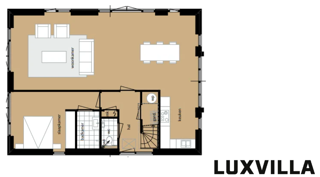 Plattegrond van de begane grond van de schuurwoning aan de Kruisallee 2A in Doetinchem.