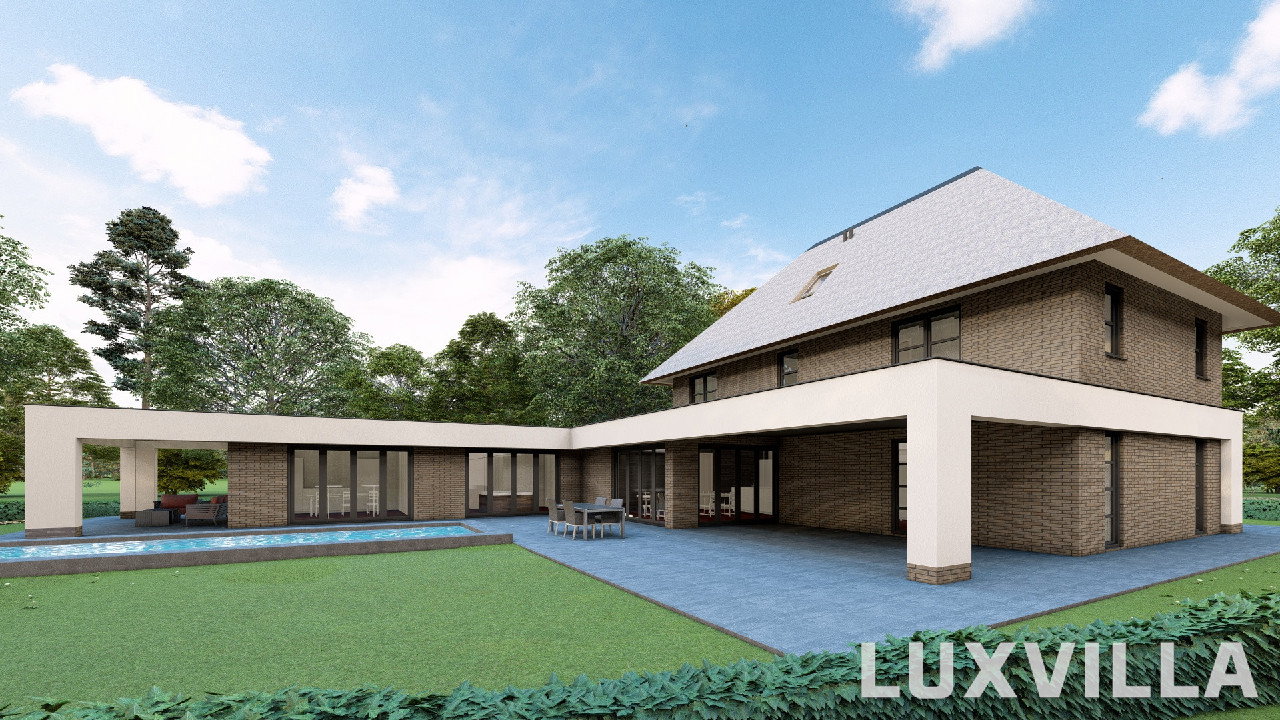 Achterzijde van eigentijds herenhuis in Sint-Philipsland met ruim terras, overkapping en zwembad in de tuin