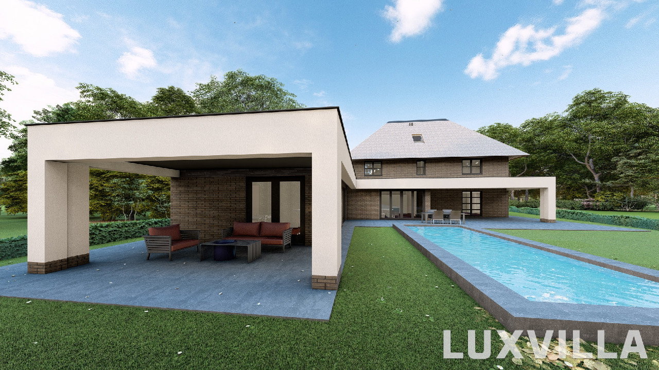 Overdekt terras bij eigentijds herenhuis in Sint-Philipsland met lamellenstructuur en sterke verbinding tussen binnen en buiten