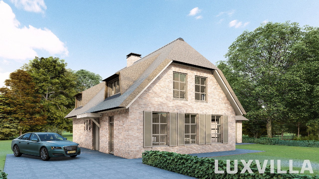 Rietgedekte villa in Eemnes ontworpen door LUXVILLA met bakstenen gevel, dakkapellen en landelijke uitstraling