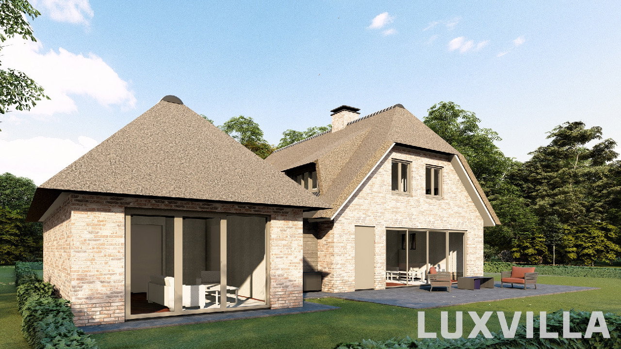 Rietgedekte villa met bijgebouw in Eemnes door LUXVILLA met grote glaspartijen en verbinding tussen hoofdwoning en aanbouw