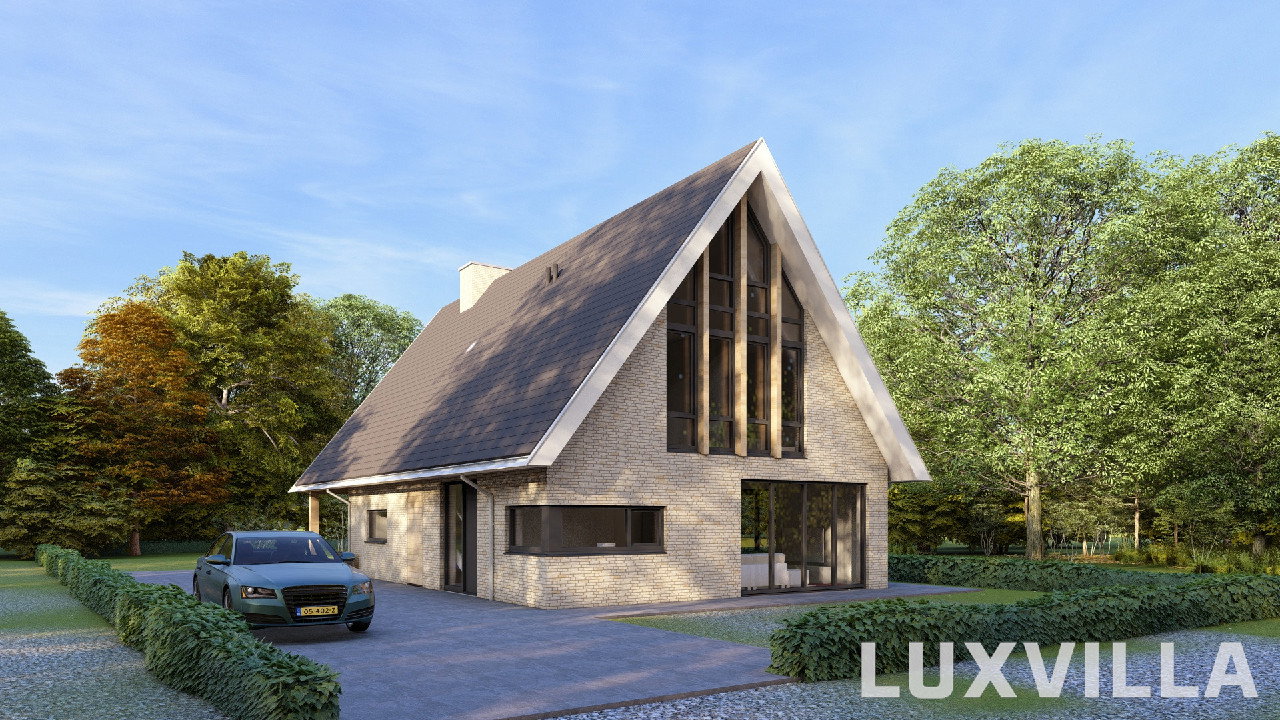 Zijaanzicht van een schuurwoning in Hengelo Overijssel met royale kap, lichte gevelsteen, zwarte kozijnen en groene landschappelijke omgeving.