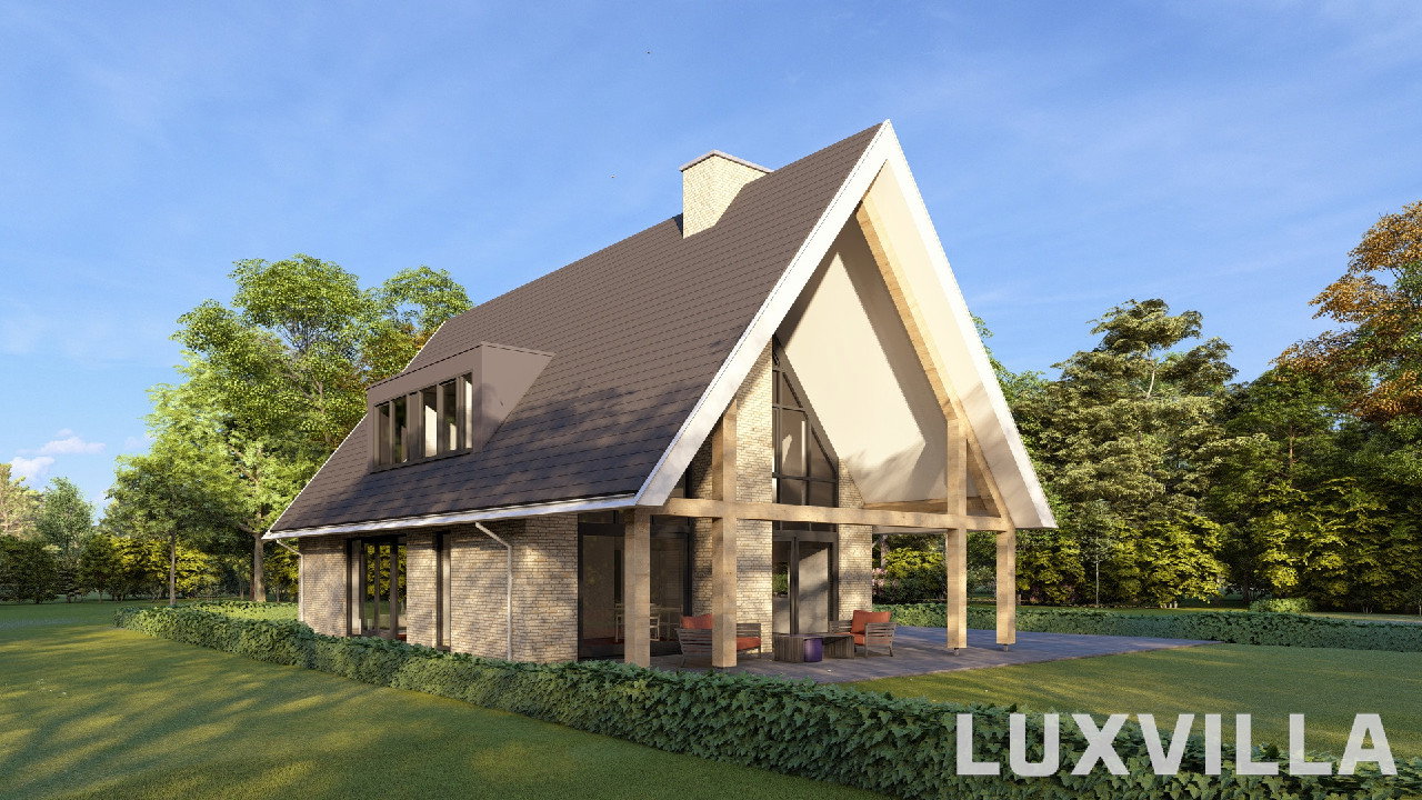 Achterzijde van een landelijke schuurwoning in Hengelo Overijssel met overdekt terras, houten spanten, lichte gevelsteen en grote kap.