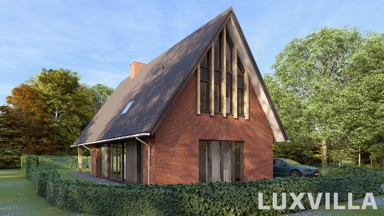 Moderne schuurwoning van LUXVILLA in Meppel Broeklanden III met grote kap, houten spanten, veranda en bakstenen gevel in natuurlijke omgeving