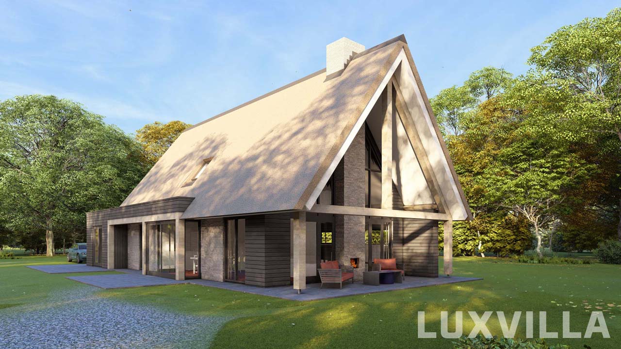 Rietgedekte schuurwoning met aanbouw in Empe gemeente Brummen ontworpen door LUXVILLA met grote puien en verbinding binnen-buiten