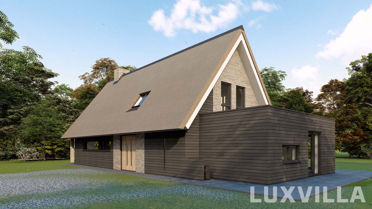 Rietgedekte schuurwoning in Empe gemeente Brummen door LUXVILLA met moderne houten aanbouw en strakke gevels