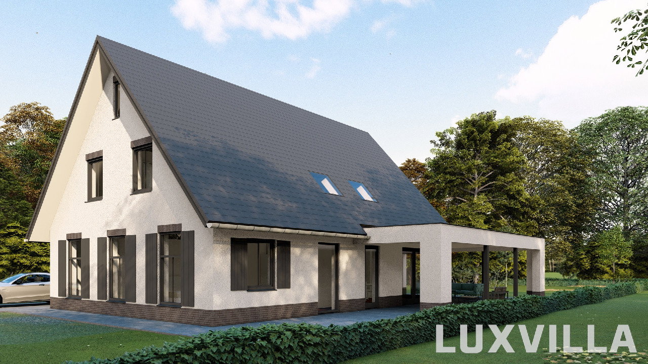woningontwerp Doornenburg, nieuwbouw woning Doornenburg, voorgevel LUXVILLA Doornenburg en achtergevel met veranda LUXVILLA Doornenburg