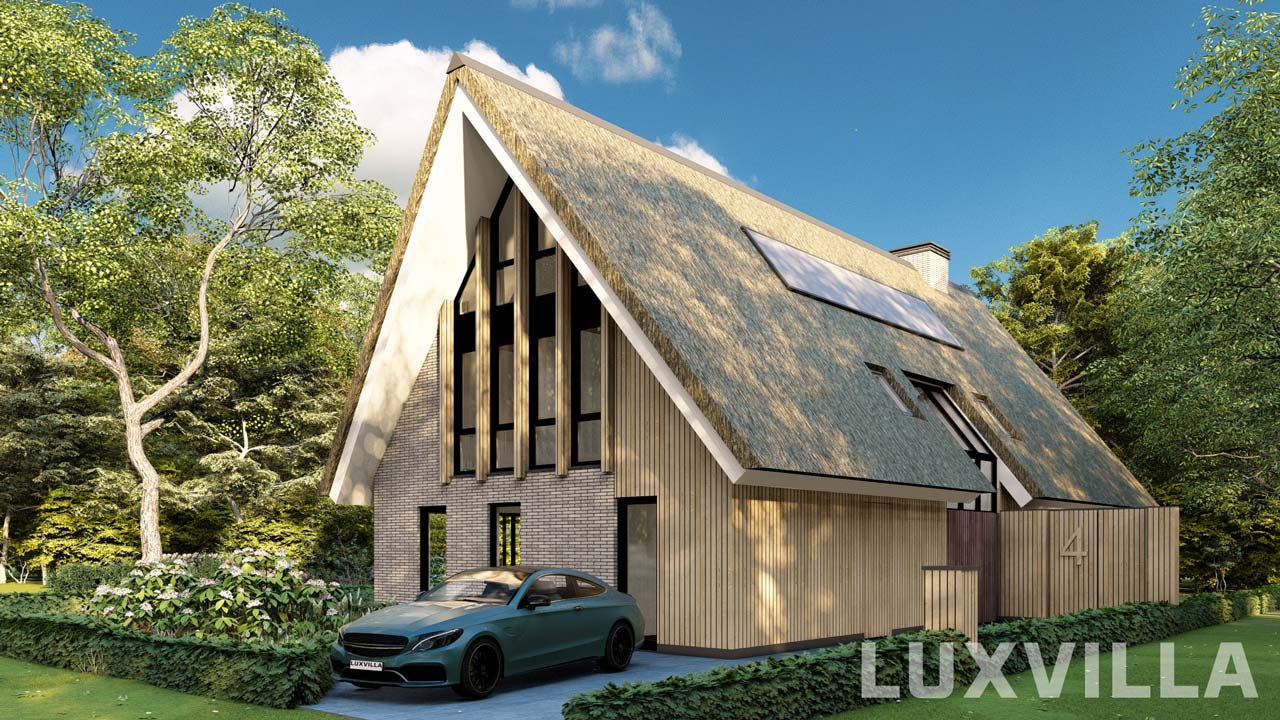 Luxe schuurwoning met rieten kap in Hof van Lemmer, ontworpen door LUXVILLA, met hoge raampartijen en natuurlijke hout- en baksteenafwerking