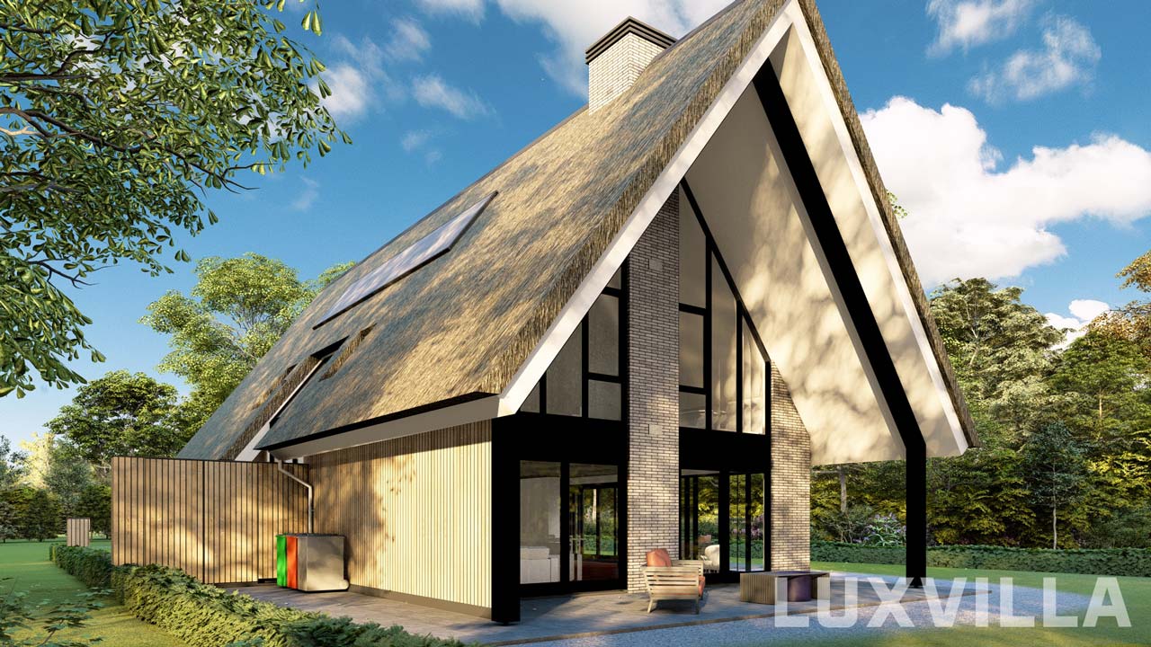 Moderne schuurwoning met rieten kap in Hof fan Lemmer, ontworpen door LUXVILLA, met hoge glaspartijen en diepe overstekken voor een luxe en natuurlijke uitstraling. Bouwkvel de pas elst