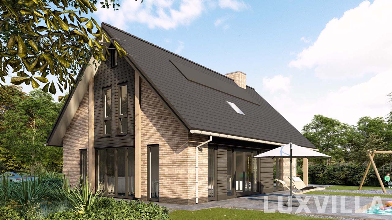 Rechter voorzijde van een moderne schuurwoning in Doetinchem Wijnbergen met zicht op de tuin en het terras.