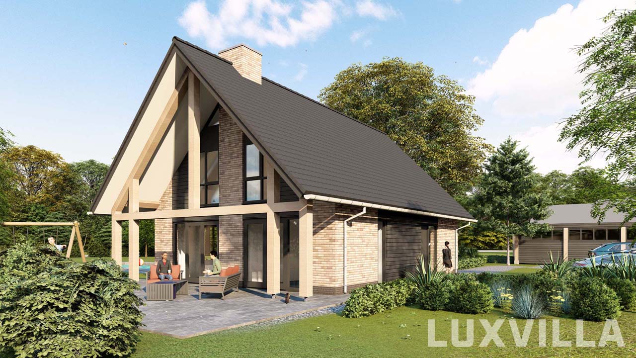 Vooraanzicht van Schuurwoning Bramel 02, een moderne schuurwoning met een strakke houten gevel, grote raampartijen en een minimalistisch zadeldak, gelegen in een groene landelijke omgeving.