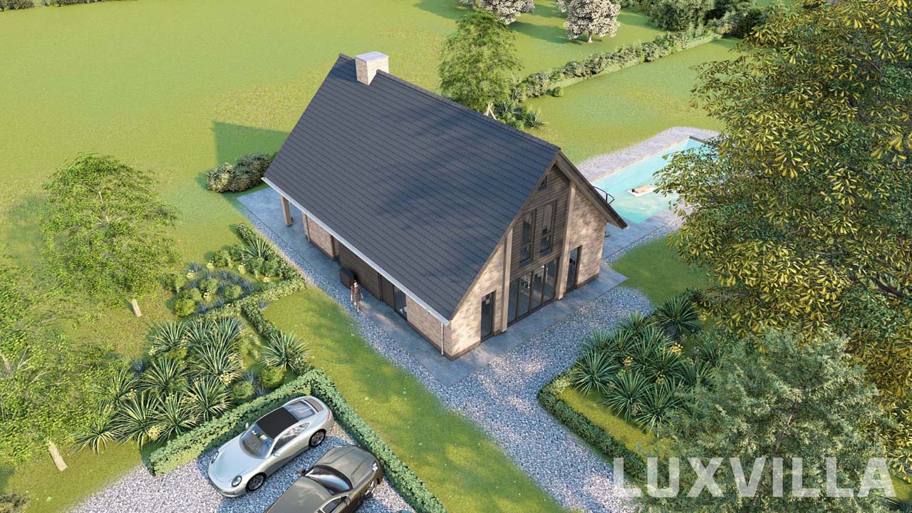 Droneaanzicht van de voorzijde van een exclusieve schuurwoning in Doetinchem Wijnbergen met een eigentijdse landelijke architectuur.