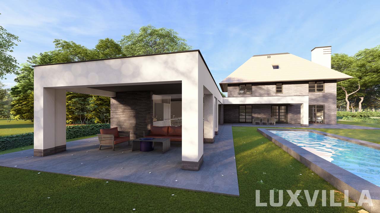 achterzijde modern herenhuis hackfort sint philipsland met spa, mancave, fitness, bar, zwembad, sauna.