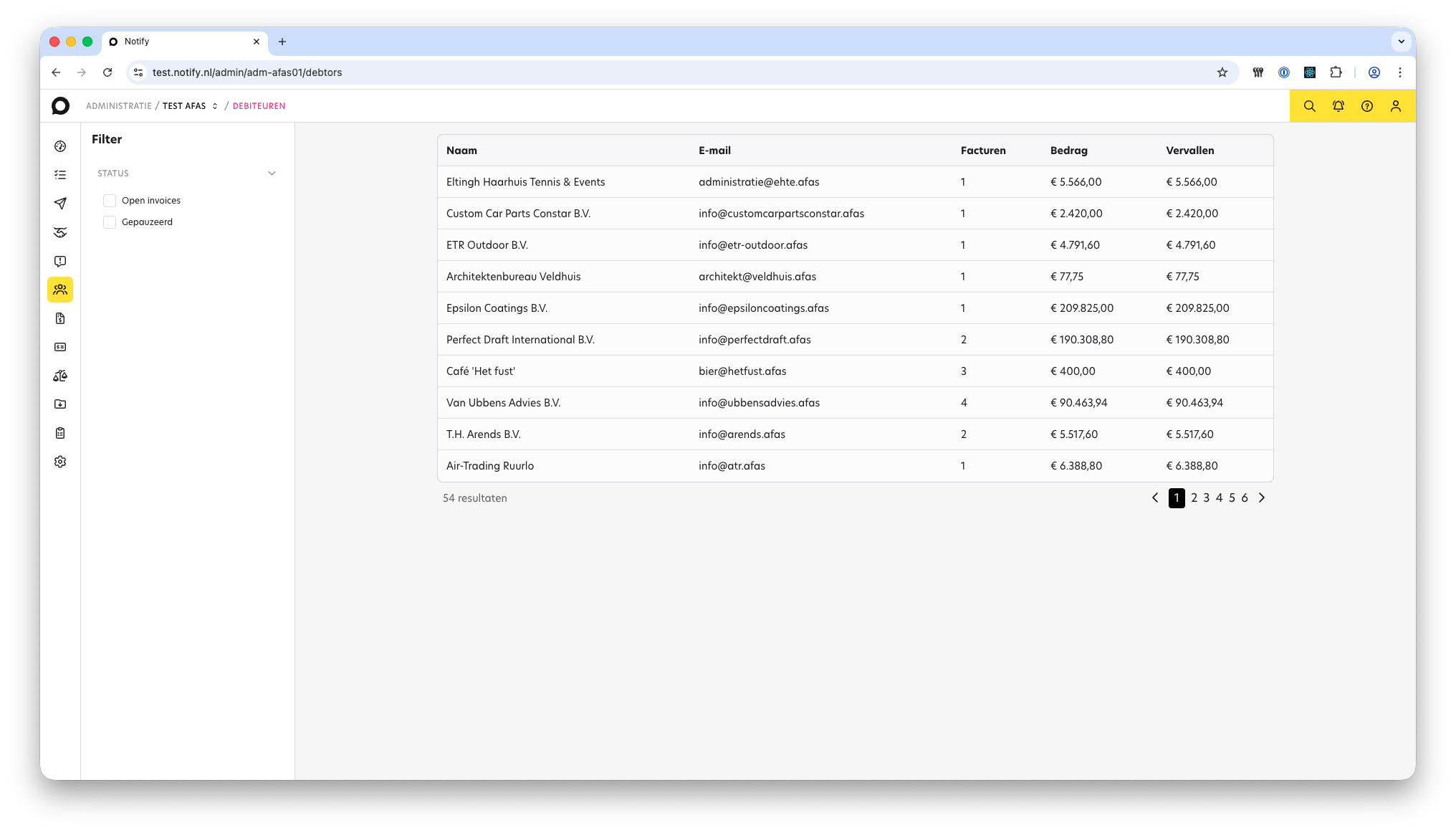 Notify debiteuren overzicht met status per klant