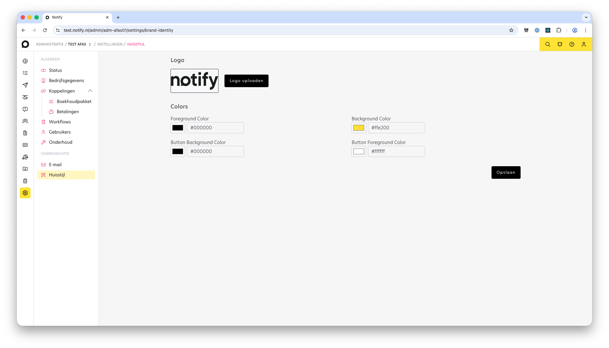 Notify huisstijl instellingen voor e-mails en klantportaal