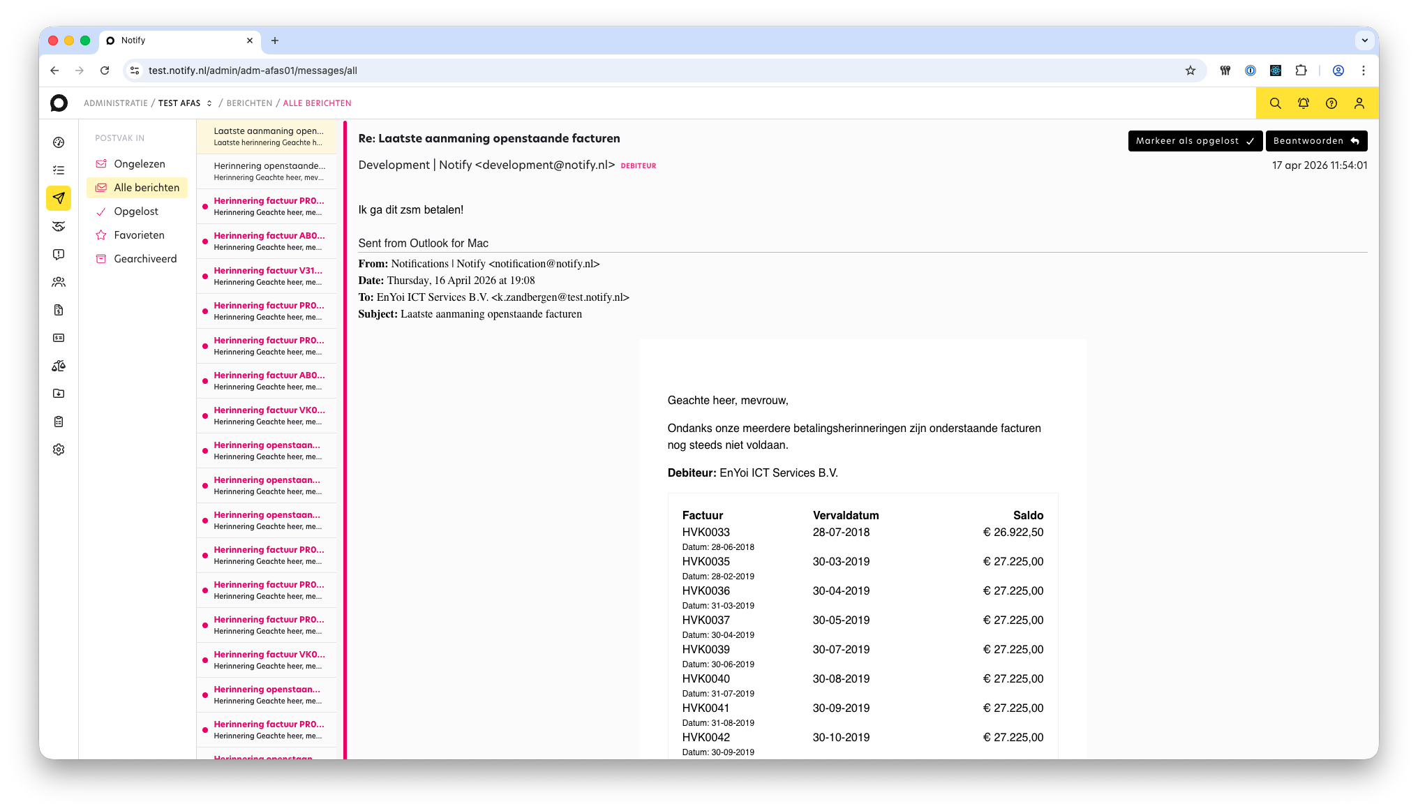 Notify geïntegreerde mailbox voor debiteurencommunicatie