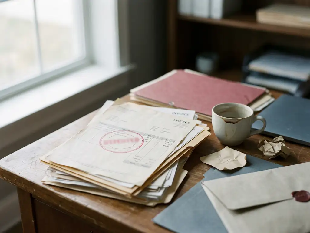 Stapel achterstallige facturen op rommelig bureau met rode stempel, koffiekop, plakbriefjes en ongeopende envelop.