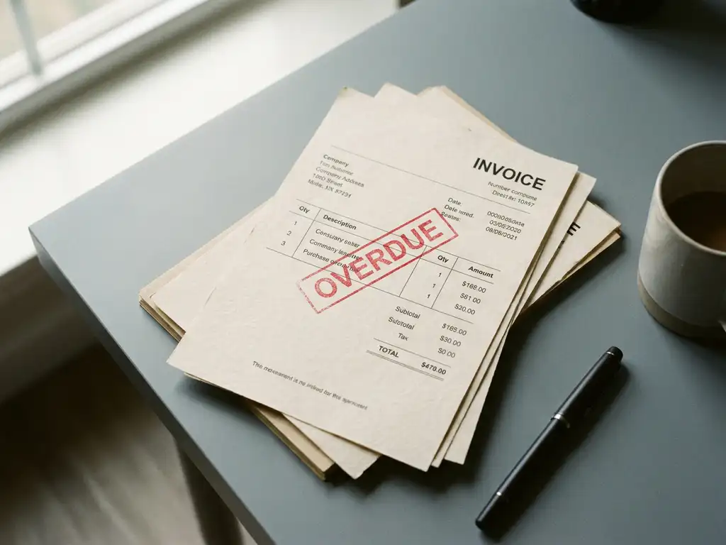 Achterstallige factuur met rood stempel diagonaal erop, stapel onbetaalde facturen eronder op modern bureau, bovenaanzicht.