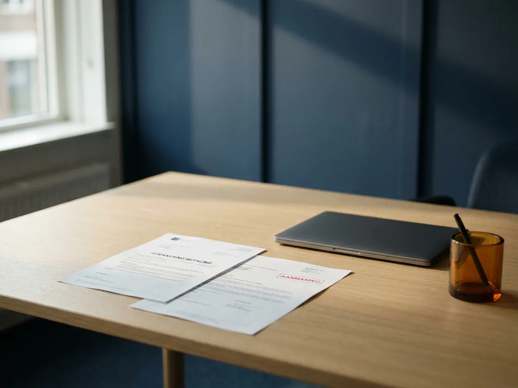 Formele aanmaningsbrief naast een juridisch incassodocument op een modern bureau, zachte natuurlijke belichting, professionele kantooromgeving.
