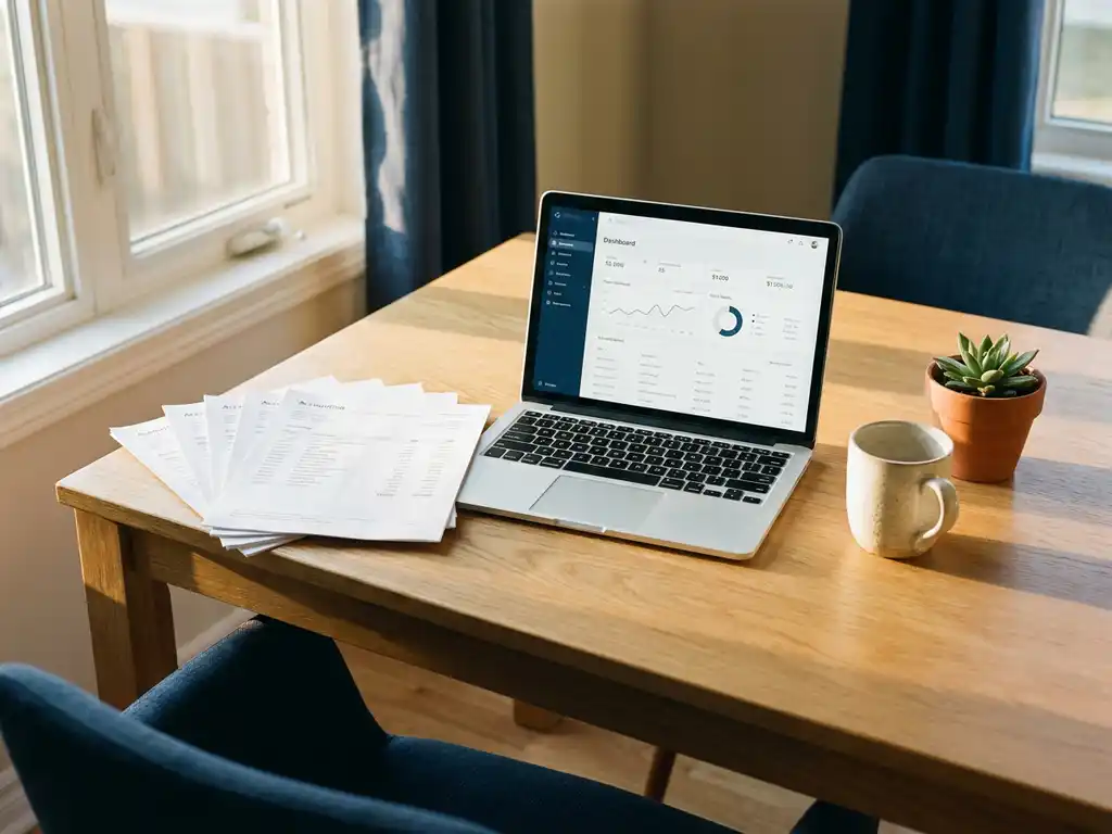 Eiken bureau met uitgewaaierde facturen, open laptop met dashboard, koffiemok en vetplant in zacht ochtendlicht.