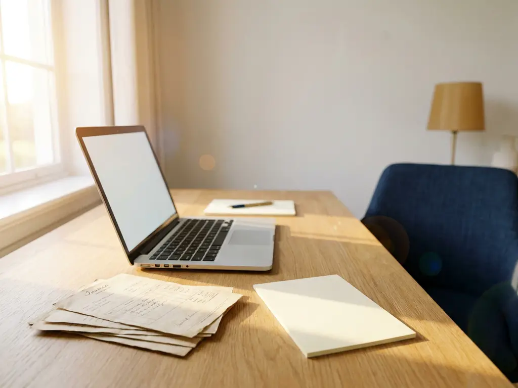 Opgeruimd eikenhouten bureau met facturen, open laptop en notitieblok in een minimalistisch Nederlands kantoor met warm ochtendlicht.