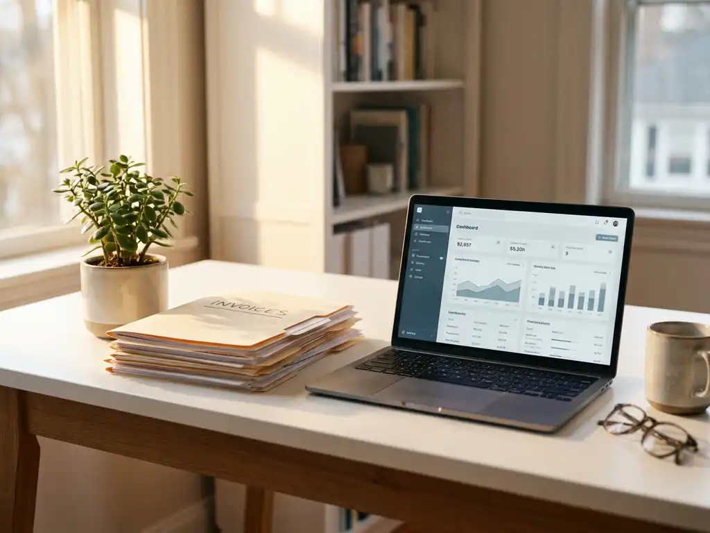 Opgeruimd modern bureau met laptop, stapel facturen en groen potplantje in warm natuurlijk licht.