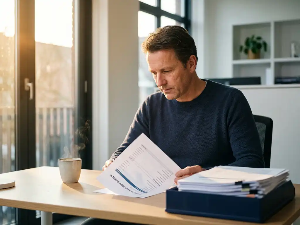 Nederlandstalige ondernemer bestudeert dagelijks kasstroomrapport aan minimalistisch bureau met onbetaalde facturen en koffie in ochtendlicht.