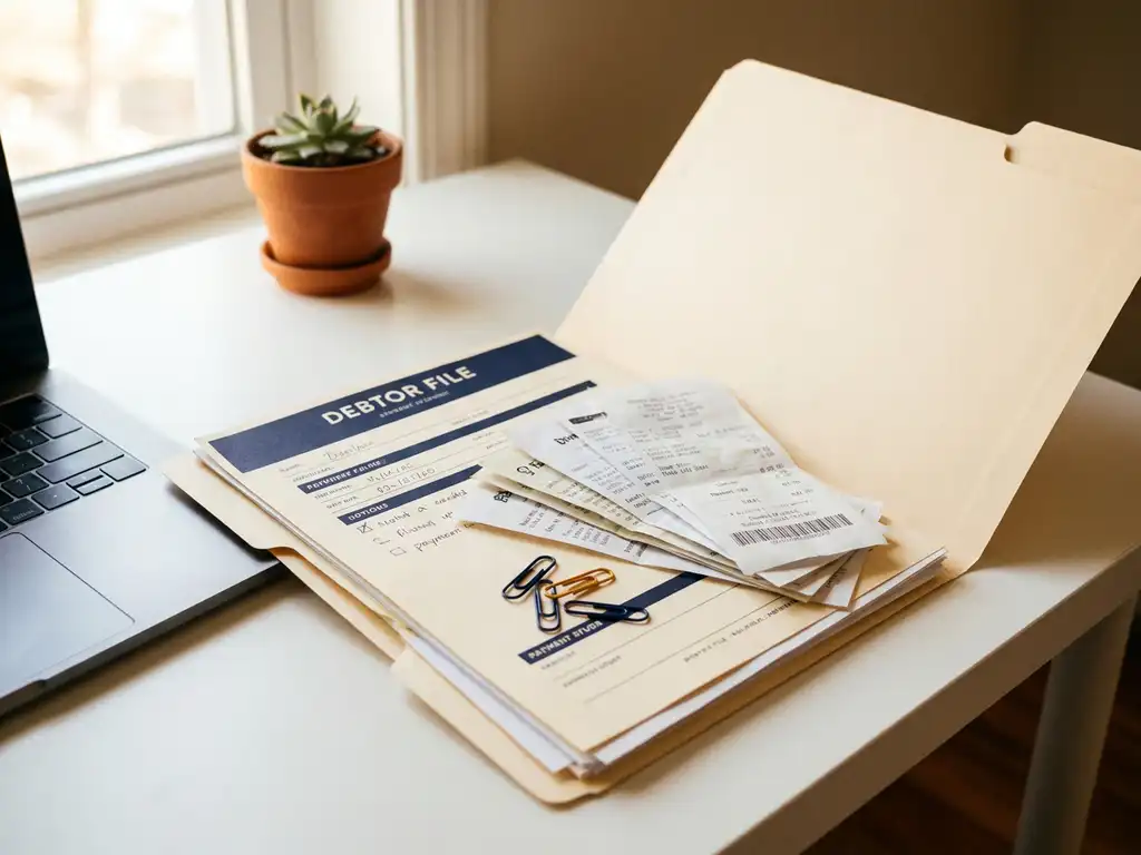 Open debiteurenmap met facturen en betalingsoverzichten naast laptop op modern bureau, verlicht door natuurlijk raamlicht.