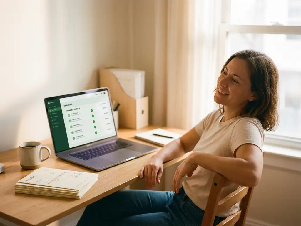 Ondernemer ontspant aan houten bureau met laptop waarop groen betaaldashboard zichtbaar is, ongerepte facturen en koffie in warm ochtendlicht.