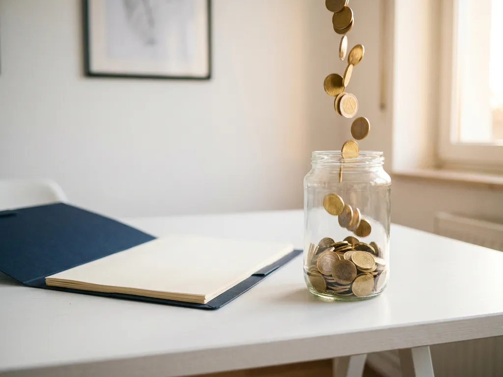 Euro munten die in een glazen pot vloeien naast een georganiseerde factuurmap op een minimalistisch bureau, warm natuurlijk licht.