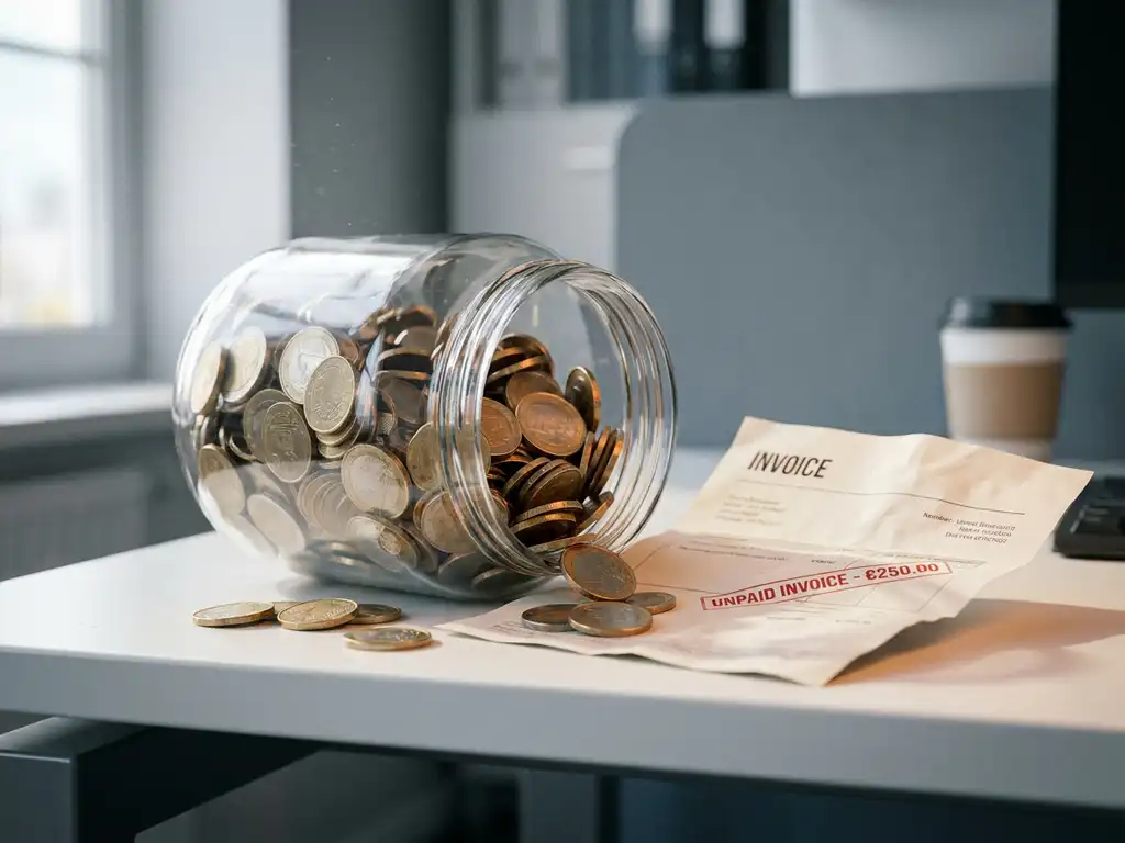 Glazen pot met euromunten kantelt op wit bureau, met een onbetaalde factuur die eronder uitschuift.