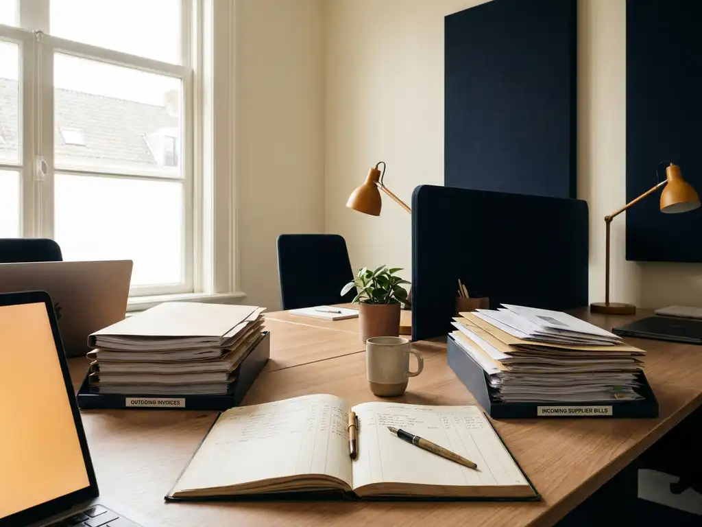 Kantoorbureau met uitgaande facturen, inkomende leveranciersfacturen en een opengeslagen grootboek, verlicht door natuurlijk zijlicht.
