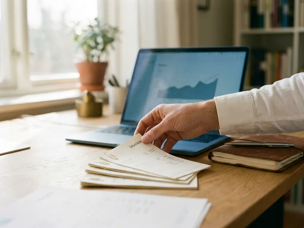 Professionele hand sorteert facturen op een opgeruimd eikenhouten bureau met laptop en leren notitieboek in warm ochtendlicht.