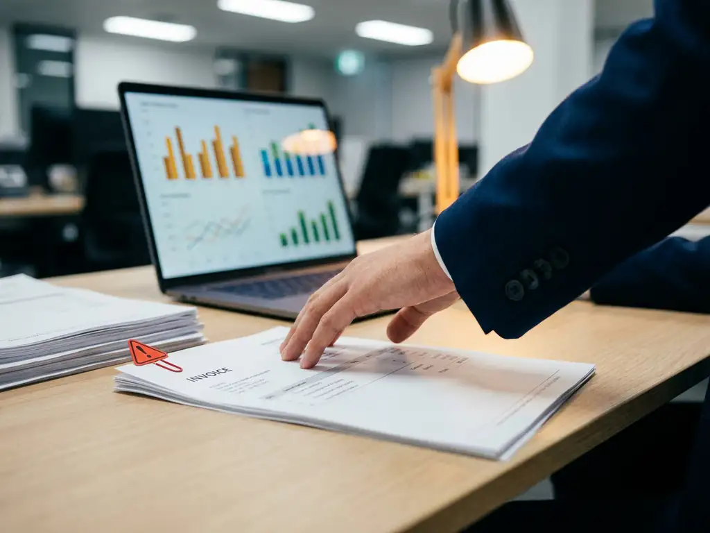 Hand van financieel analist boven een factuur op modern bureau, rode waarschuwingsvlag op documentstapel, laptop met betalingstrends op achtergrond.